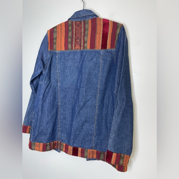 Vintage 90s Tibetan Woven Patchwork Panels Denim Long Line Hippie Jacket Sz S - Picture 5 of 8